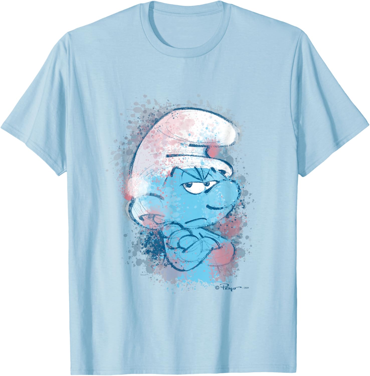 The Smurfs Grouchy Smurf Watercolor Portrait Distressed T-Shirt - T-Shirt | Light Blue