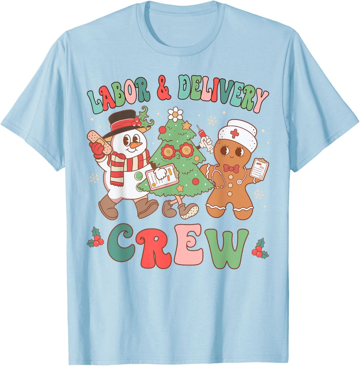 Labor & Delivery Nurse Crew Christmas Tree Retro Nurse T-Shirt - T-Shirt | Light Blue