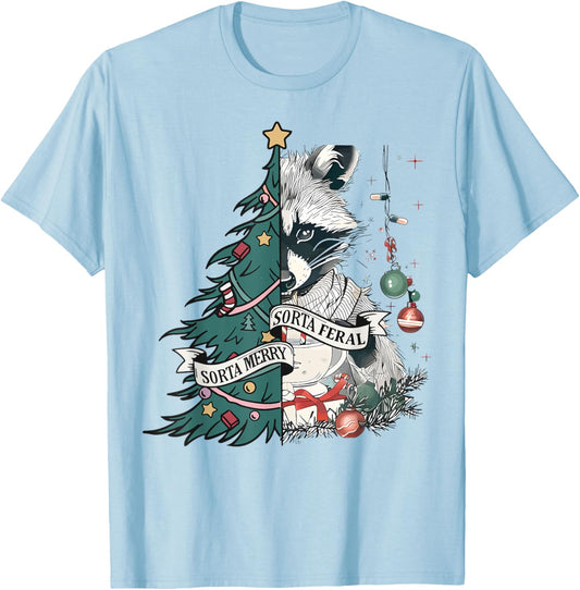 Funny Christmas Sorta Merry Sorta Feral Raccoon Xmas Tree T-Shirt - T-Shirt | Light Blue