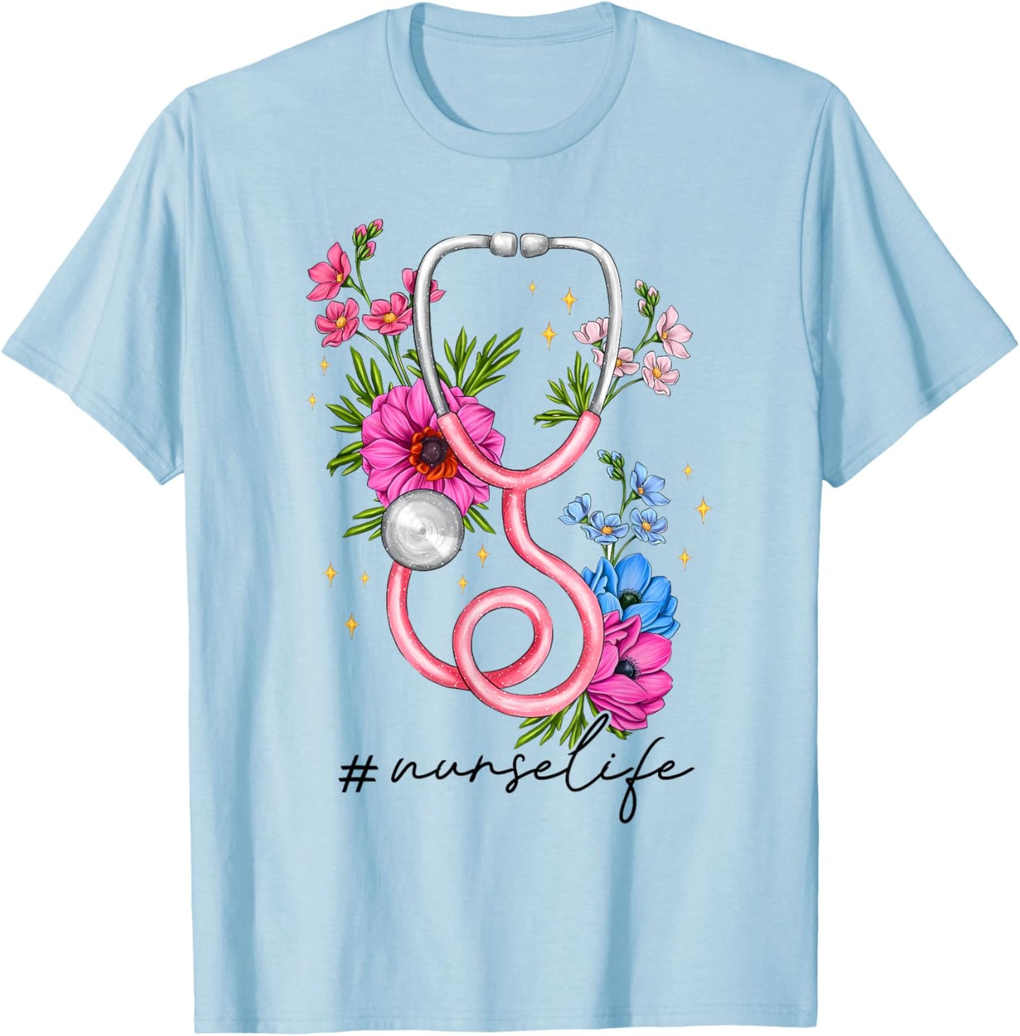 Heart Stethoscope Flower Doctor Nurse RN Nursing Women Girl T-Shirt - T-Shirt | Light Blue