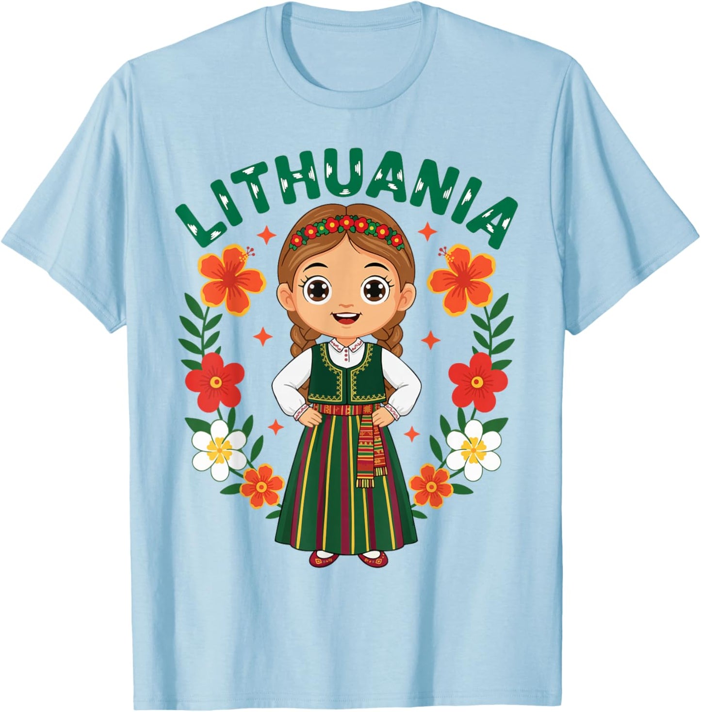Lithuania Lithuanian Girl Traditional Dress Flowers Heritage T-Shirt - T-Shirt | Light Blue