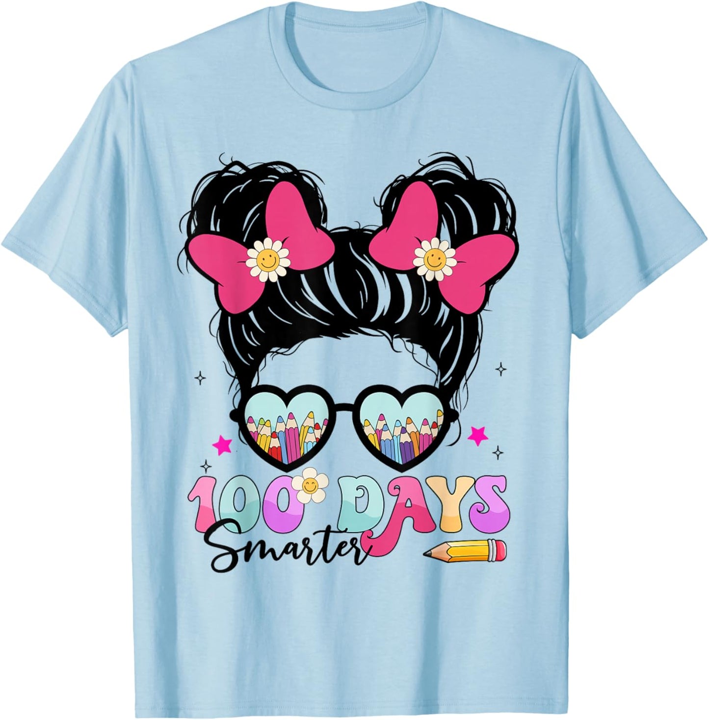Messy Bun Hair 100th Day of School 100 Days Smarter Kids T-Shirt - T-Shirt | Light Blue