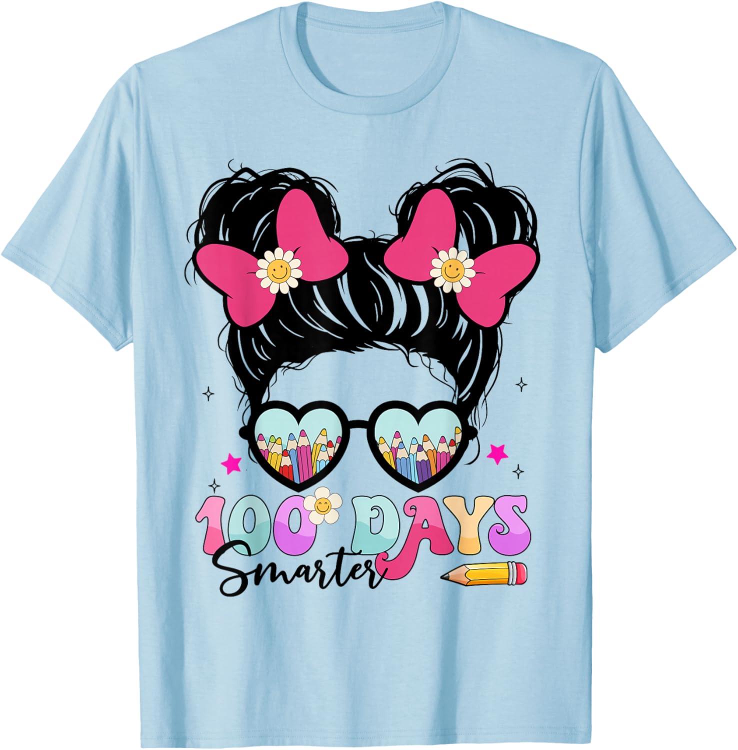 Messy Bun Hair 100th Day of School 100 Days Smarter Kids T-Shirt - T-Shirt | Light Blue