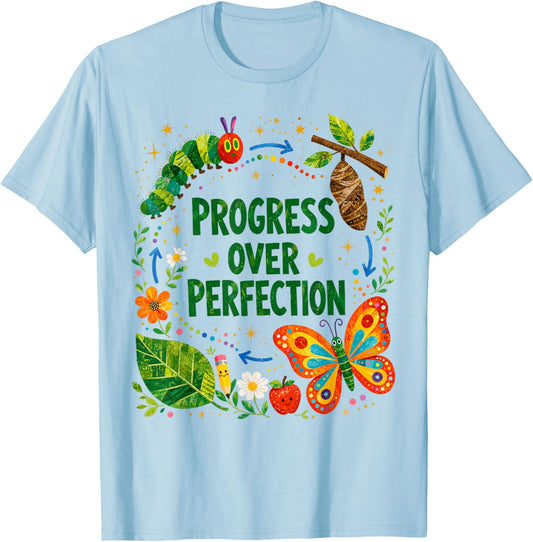 Teachers Back to School Progress Over Perfection Butterfly T-Shirt - T-Shirt | Light Blue