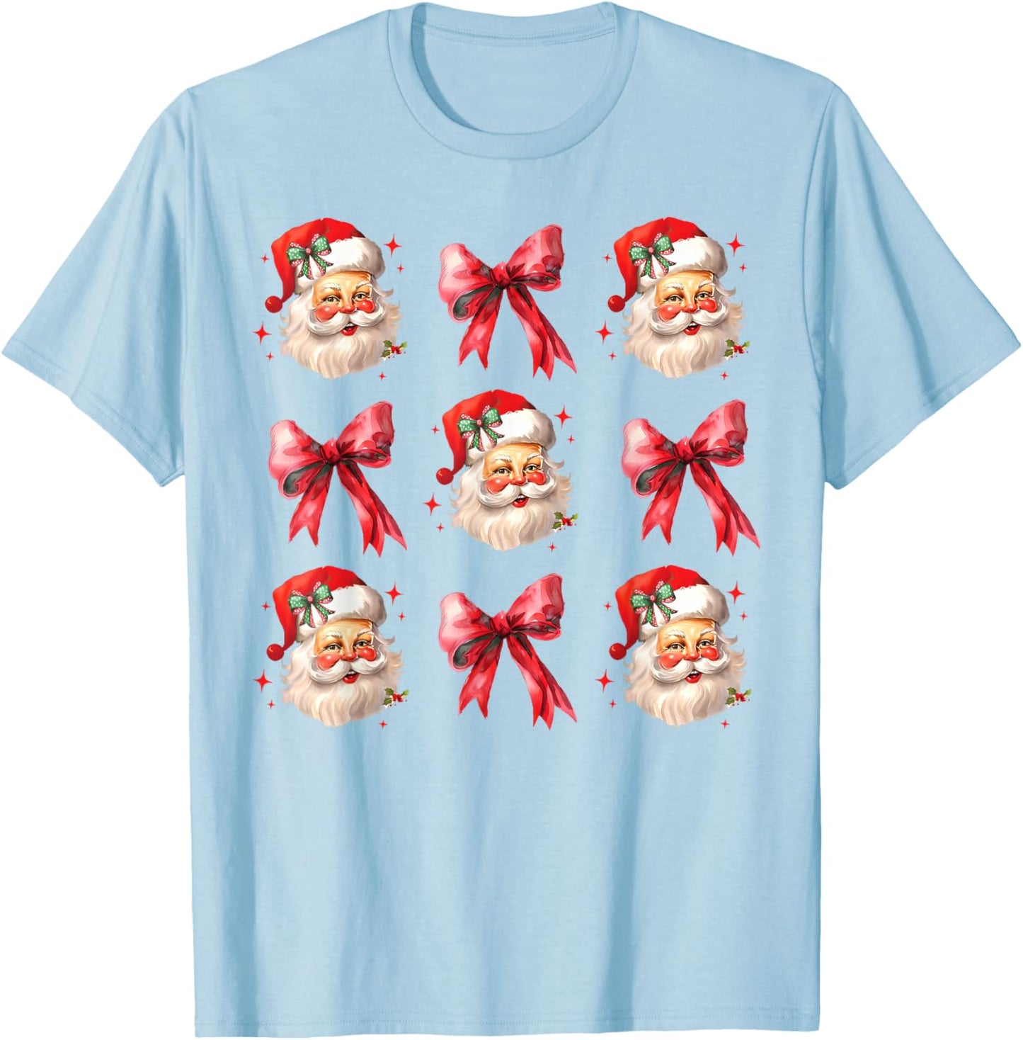 Retro Coquette Santa Red Bows Christmas Girl T-Shirt - T-Shirt | Light Blue