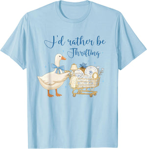 Coquette Cute Silly Goose Duck Funny I’d Rather Be Thrifting T-Shirt - T-Shirt | Light Blue