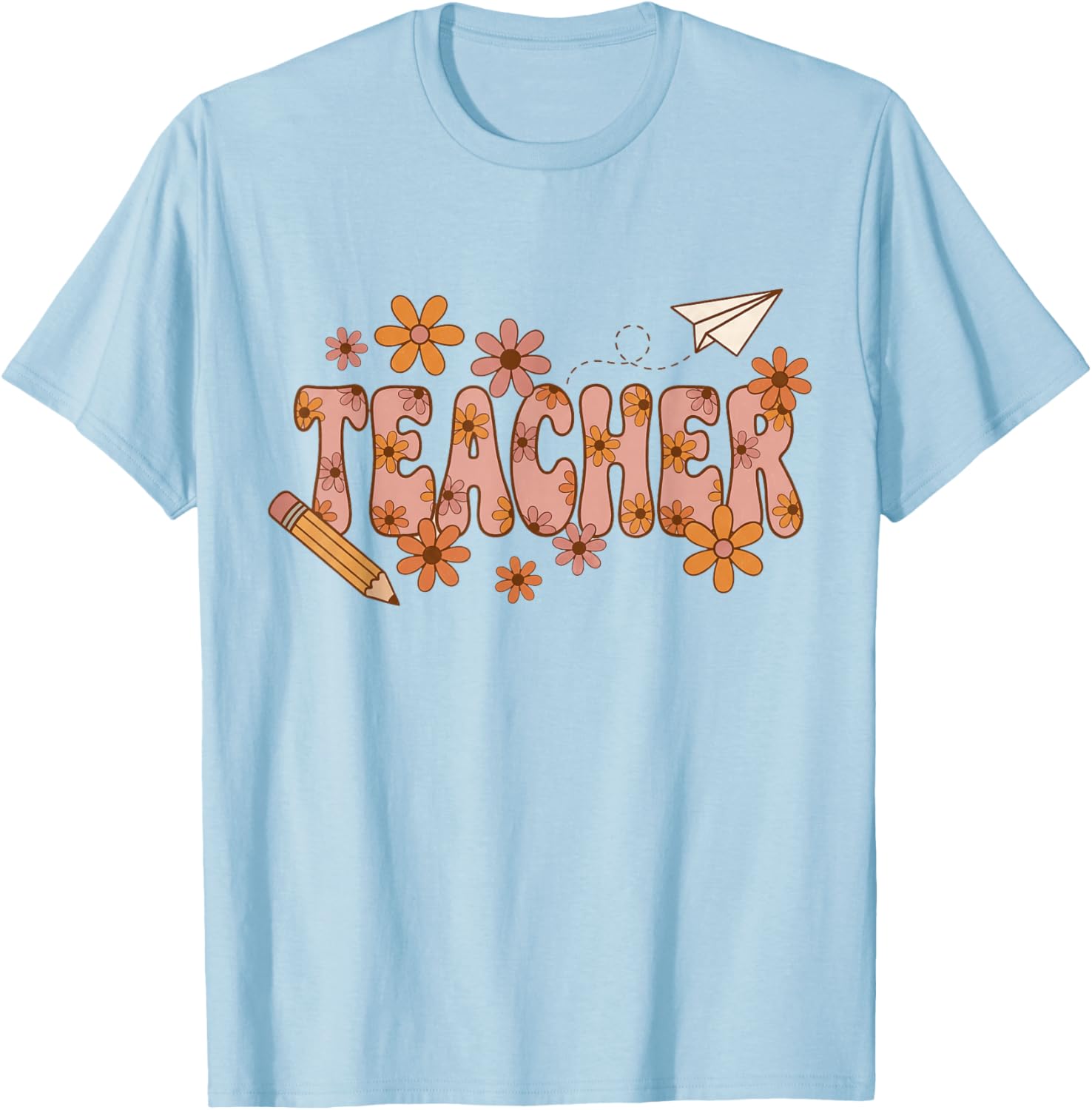 Teacher Groovy Retro Flowers 70s Style Pencil Paper Airplane T-Shirt - T-Shirt | Light Blue