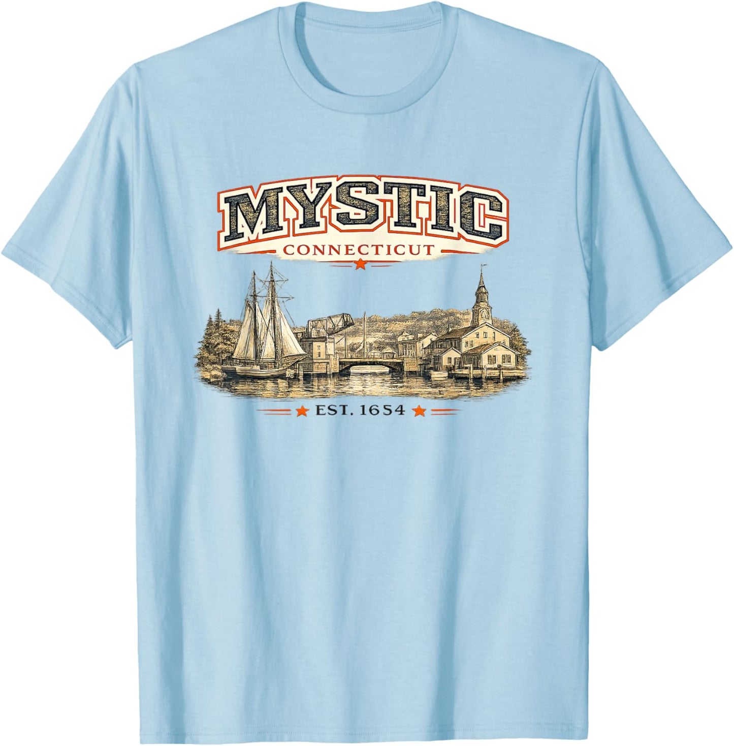 Mystic Connecticut Vintage Coastal Retro Graphic T-Shirt - T-Shirt | Light Blue
