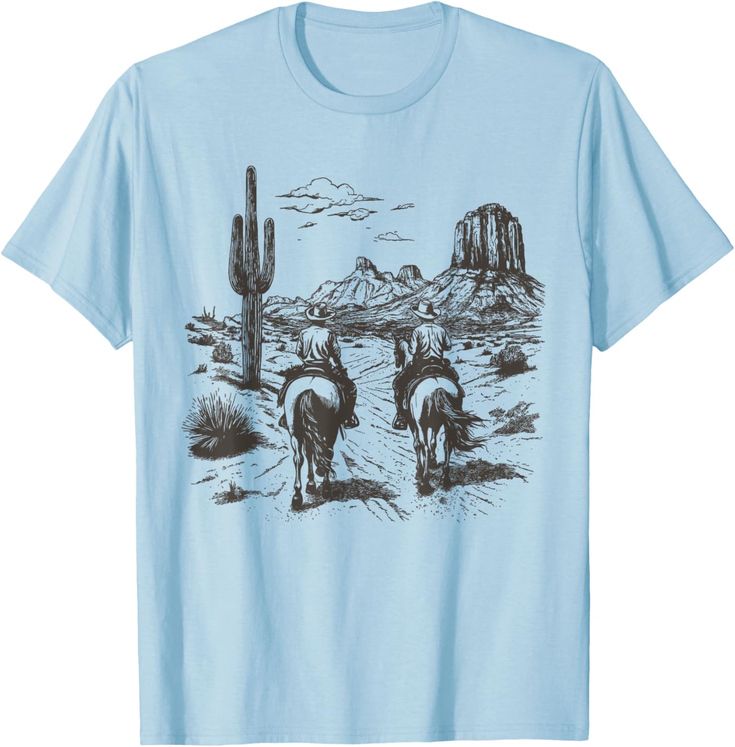 Vintage Cowboy Riding Horse Western Desert Mountain Country T-Shirt - T-Shirt | Light Blue