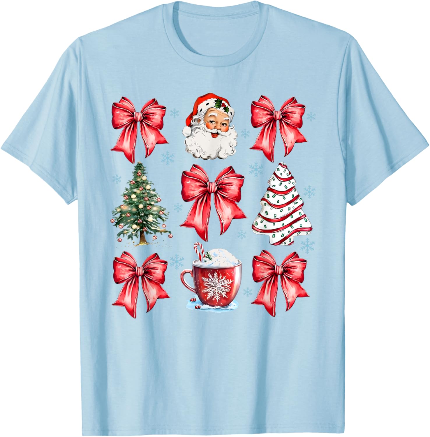 Retro Christmas Coquette Bow Santa Coffee Cake Holiday Women T-Shirt - T-Shirt | Light Blue