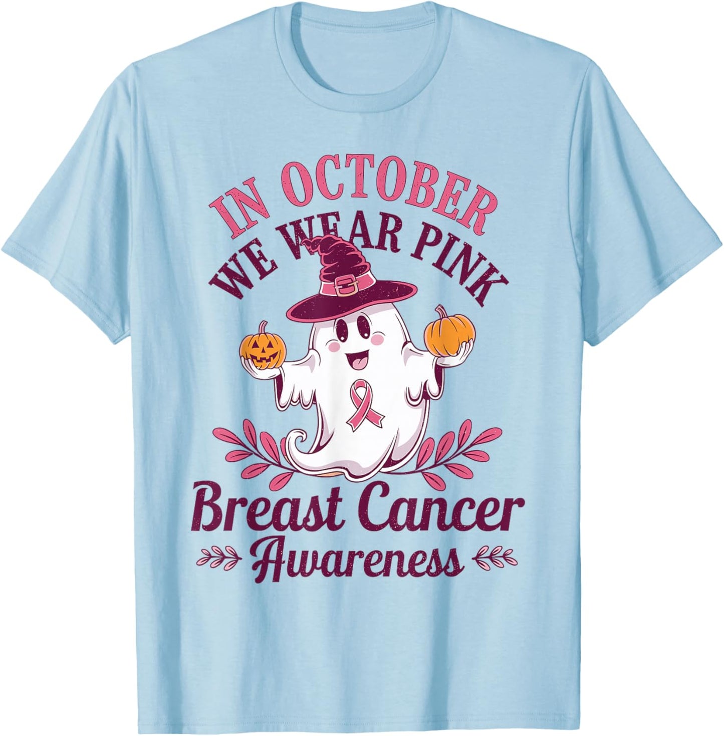 In October We Wear Pink Breast Cancer Awareness Pumpkins T-Shirt - T-Shirt | Light Blue