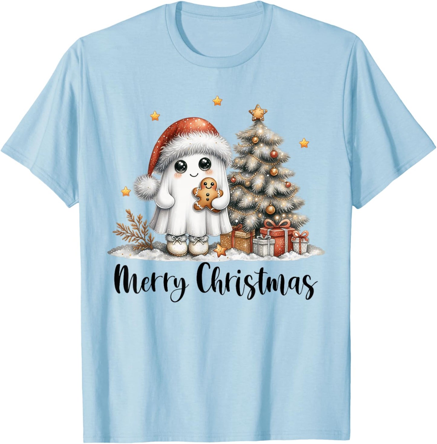 Merry Christmas Ghost With Santa Hat Xmas Tree Lights Men T-Shirt - T-Shirt | Light Blue