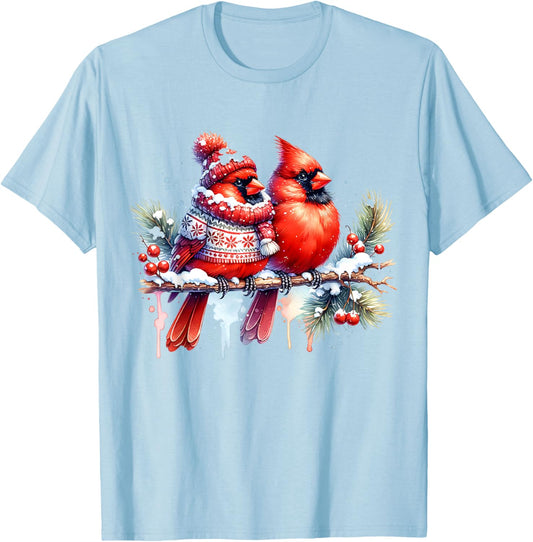 Red Christmas Cardinal Pair Snow Cute Bird Winter lovers T-Shirt - T-Shirt | Light Blue