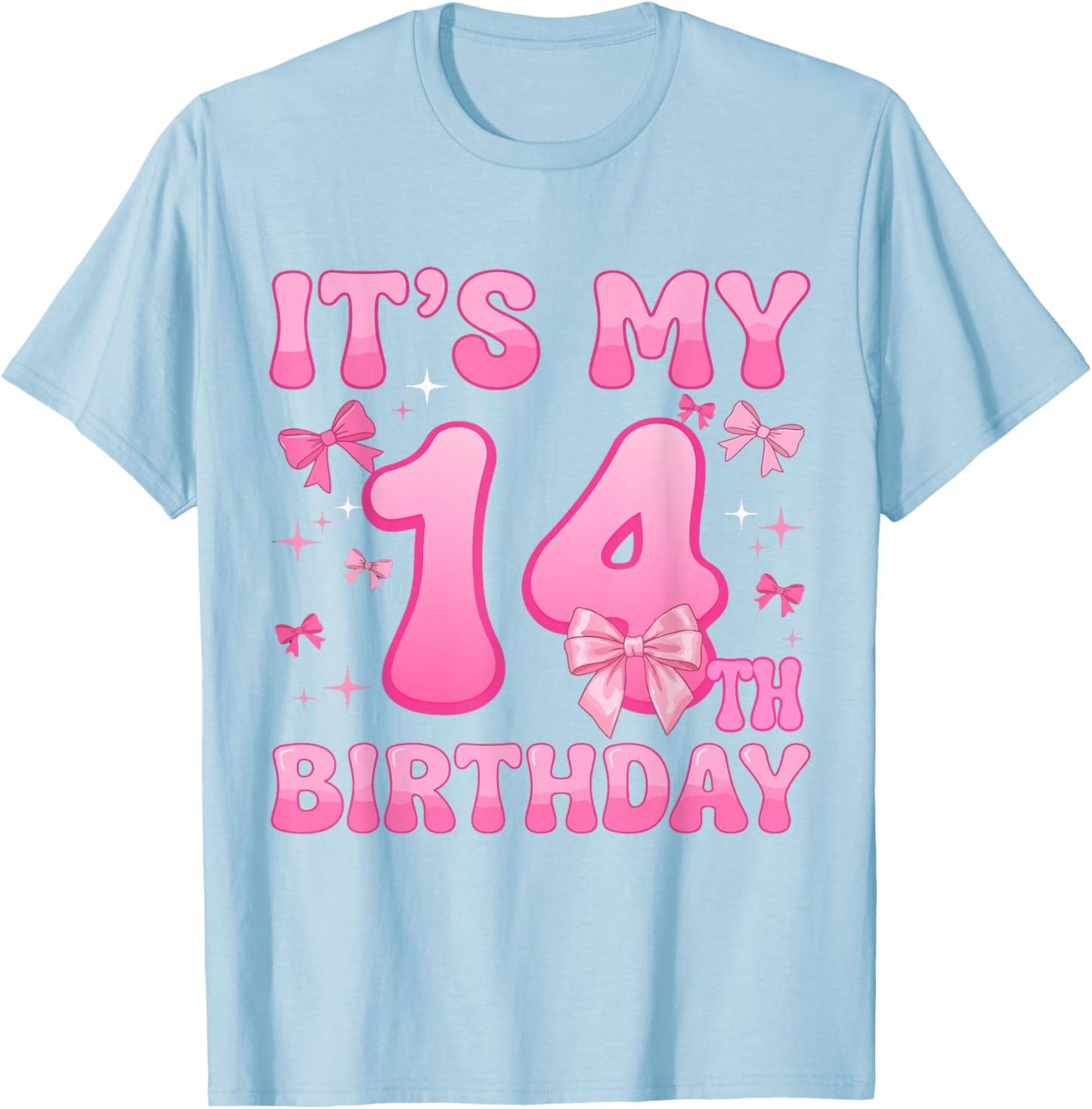 14th Birthday Shirt Girls Coquette Bow 14 Year Old Birthday T-Shirt - T-Shirt | Light Blue