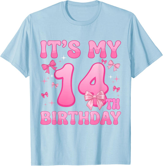 14th Birthday Shirt Girls Coquette Bow 14 Year Old Birthday T-Shirt - T-Shirt | Light Blue
