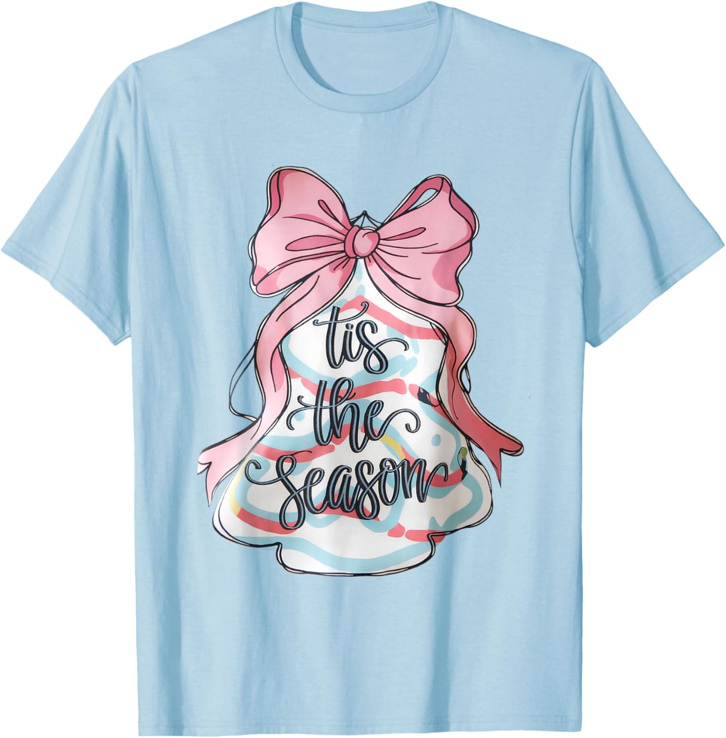 Funny Christmas Outfit Women Kids Pink Christmas Tree Cake Coquette Bow Xmas Pajamas Funny T-Shirt - T-Shirt | Light Blue