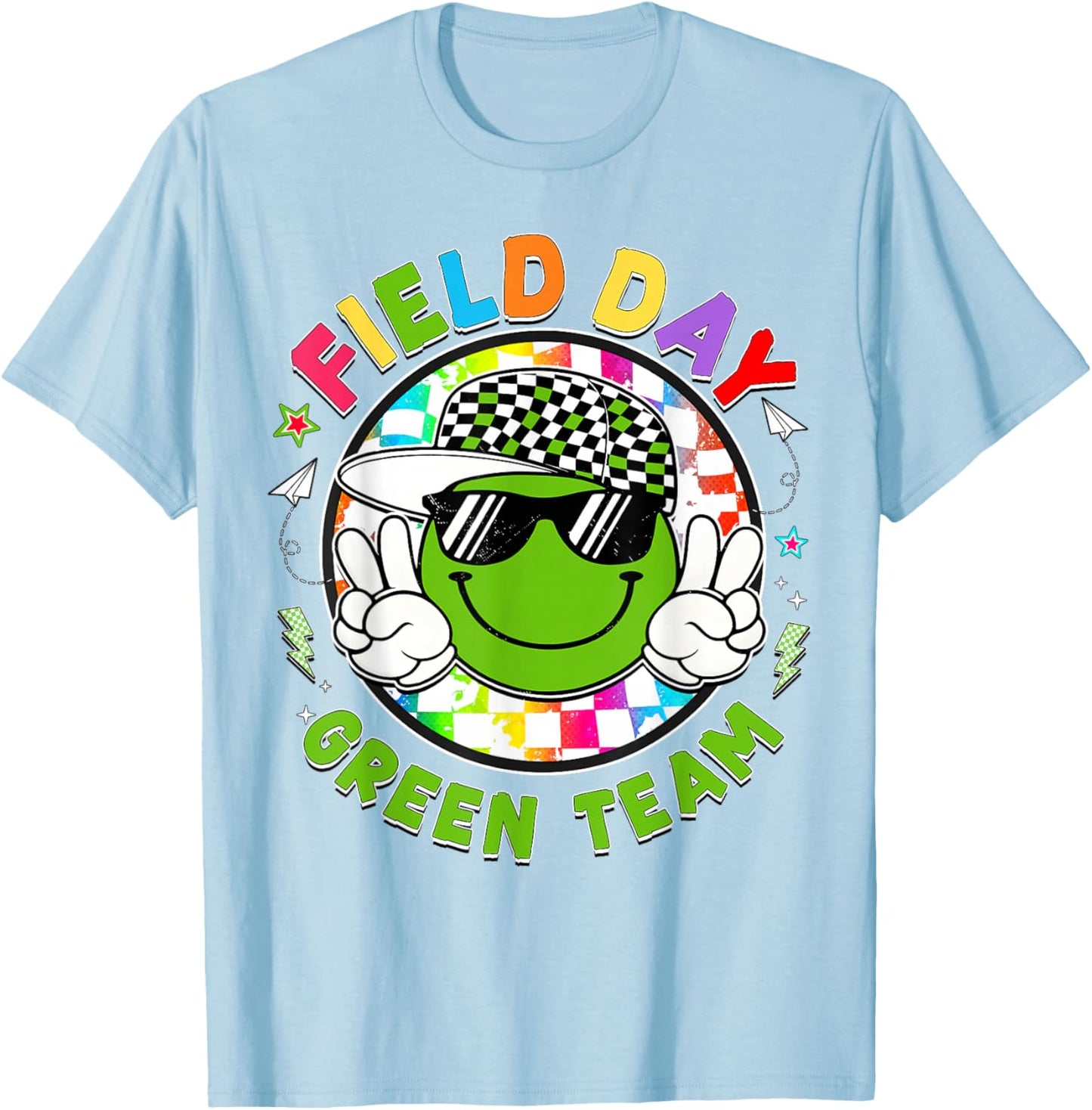 Field Day Green Team Smile Face Peace Sign Men Women Kids T-Shirt - T-Shirt | Light Blue