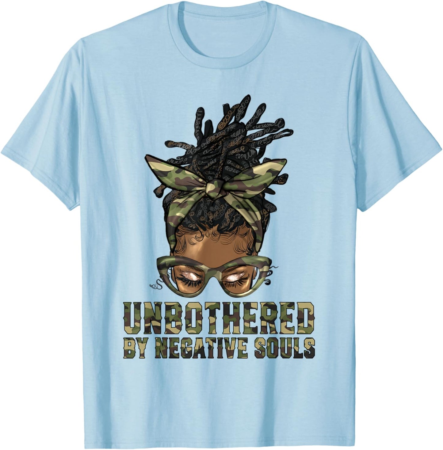 Loc'd Hair Messy Bun Black Woman Girl Camo Unbothered T-Shirt - T-Shirt | Light Blue