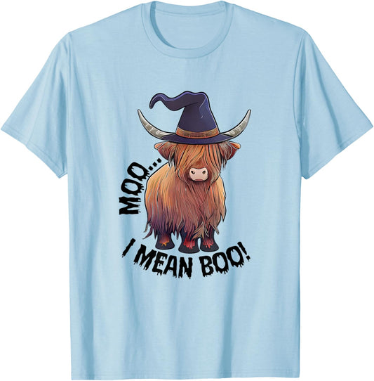 Moo I Mean Boo Halloween Highland Cow Witch Cow Lover Farm T-Shirt - T-Shirt | Light Blue