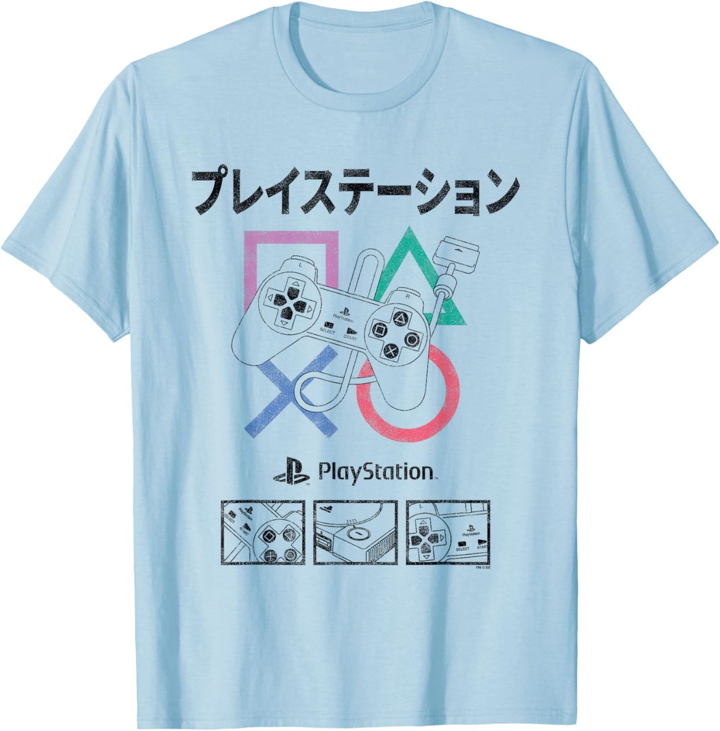 PlayStation Controller Detail Grid Kanji Logo Video Game T-Shirt - T-Shirt | Light Blue