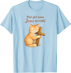 Christian This Girl Loves Jesus and Cats Cat Hugging Cross T-Shirt - T-Shirt | Light Blue