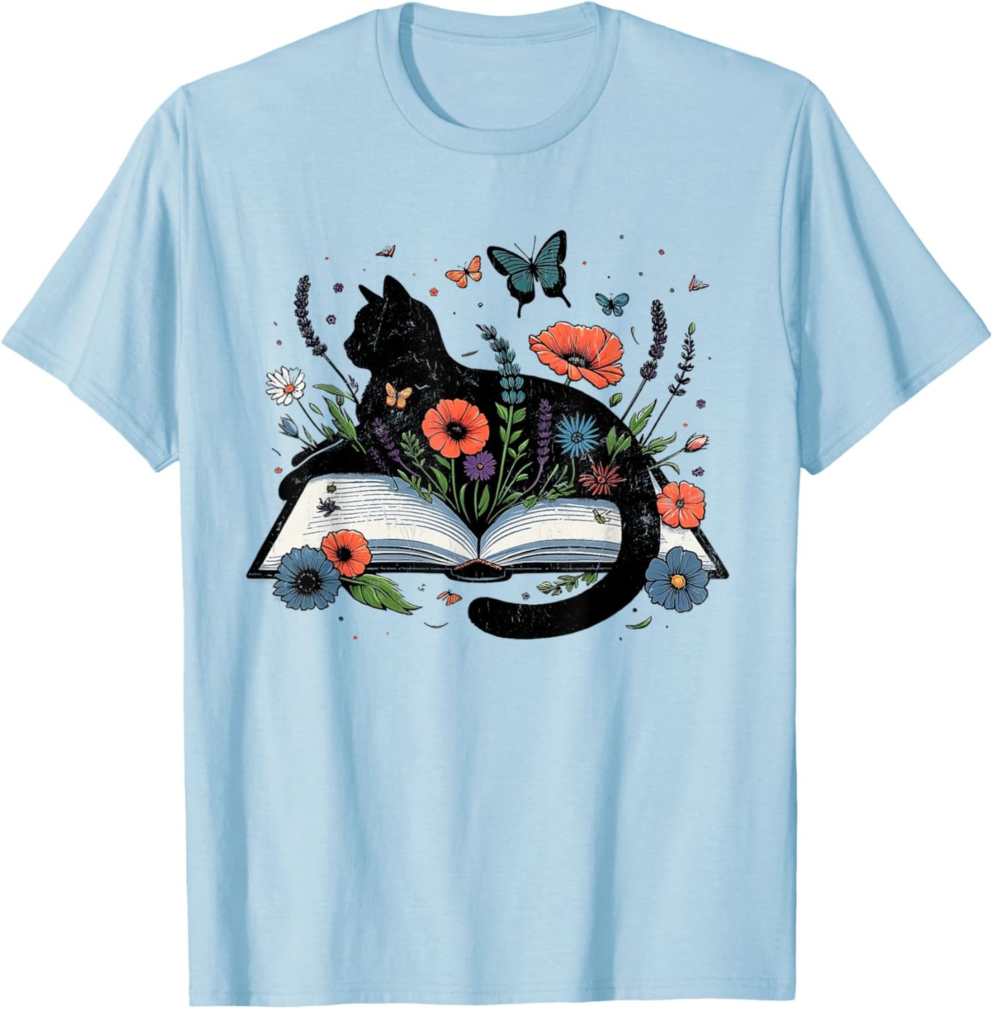 Retro Cute Cat Floral Book Librarian Vintage Floral Cat Book T-Shirt - T-Shirt | Light Blue