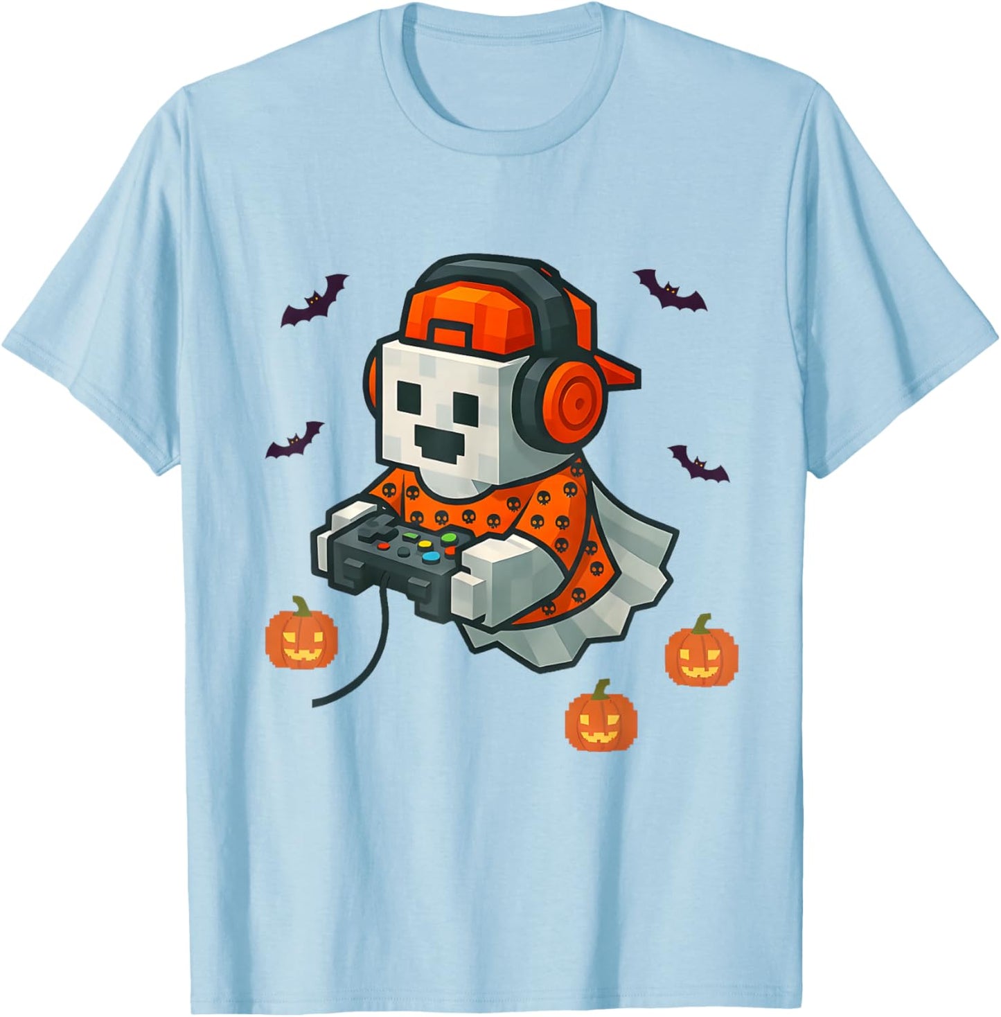 Halloween Ghost Gamer Spooky Pixelated Ghost with Controller T-Shirt - T-Shirt | Light Blue