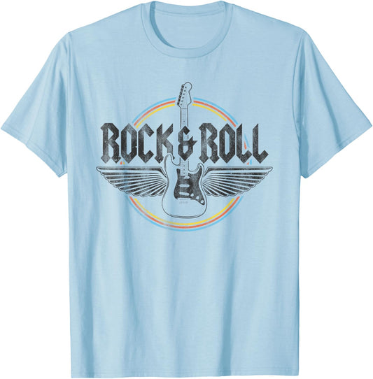 Retro Vintage Rock & Roll Guitar Wings Music Concert Band T-Shirt - T-Shirt | Light Blue