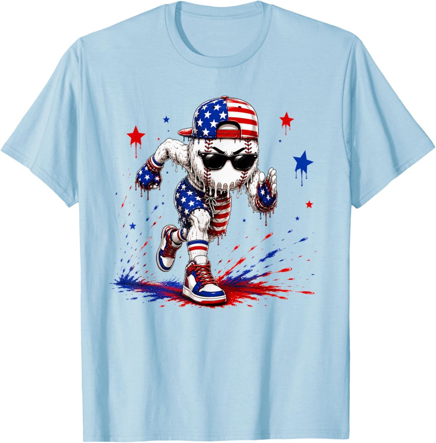 4th of July Baseball Drip Shirt Boys Kids Patriotic USA Flag T-Shirt - T-Shirt | Light Blue