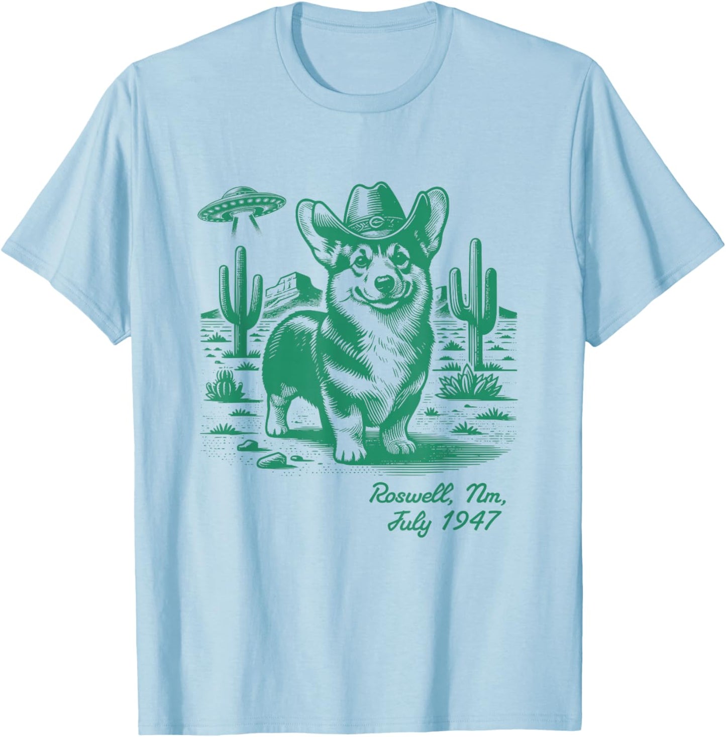 Corgi Cowboy Cowgirl UFO Retro Western Country Dog Mom T-Shirt - T-Shirt | Light Blue