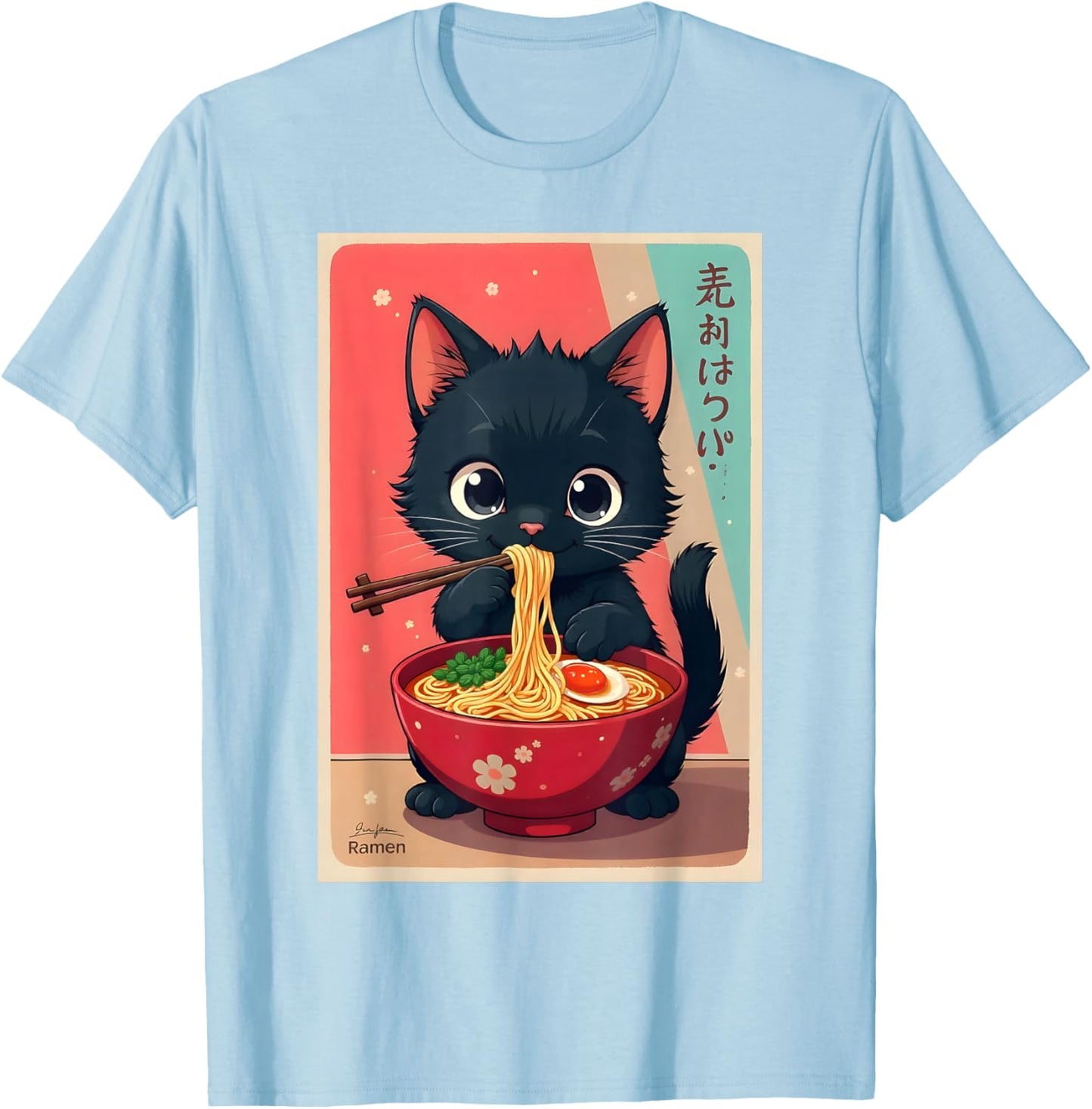 Kitten Eating Japanese Noodles Anime Manga Baby Cat Ramen T-Shirt - T-Shirt | Light Blue