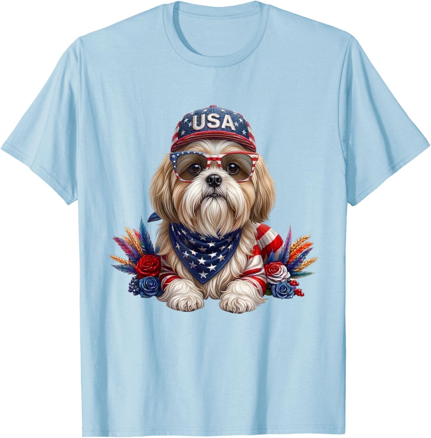 4th of July Shih Tzu American Flag USA Patriotic Dog T-Shirt - T-Shirt | Light Blue