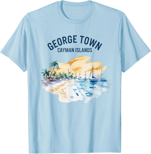 George Town Cayman Islands Vintage Watercolor Beach Scene T-Shirt - T-Shirt | Light Blue