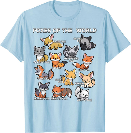 Foxes of the World Educational Animal Fox Lover Kawaii Fox T-Shirt - T-Shirt | Light Blue