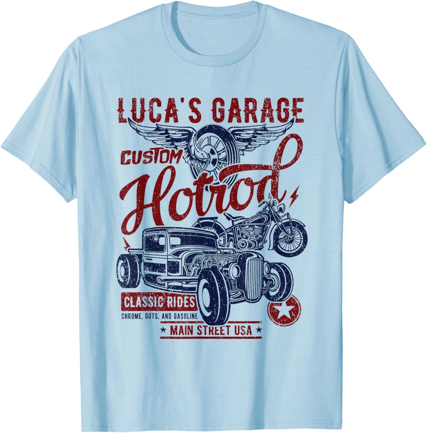 Luca's Garage Hotrod Classic Rides Distressed Design T-Shirt - T-Shirt | Light Blue