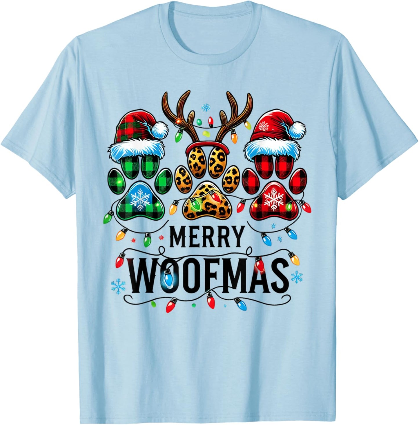 Merry Woofmas Dog Paw Christmas Lights Xmas Reindeer Santa Men Women Kids T-Shirt - T-Shirt | Light Blue