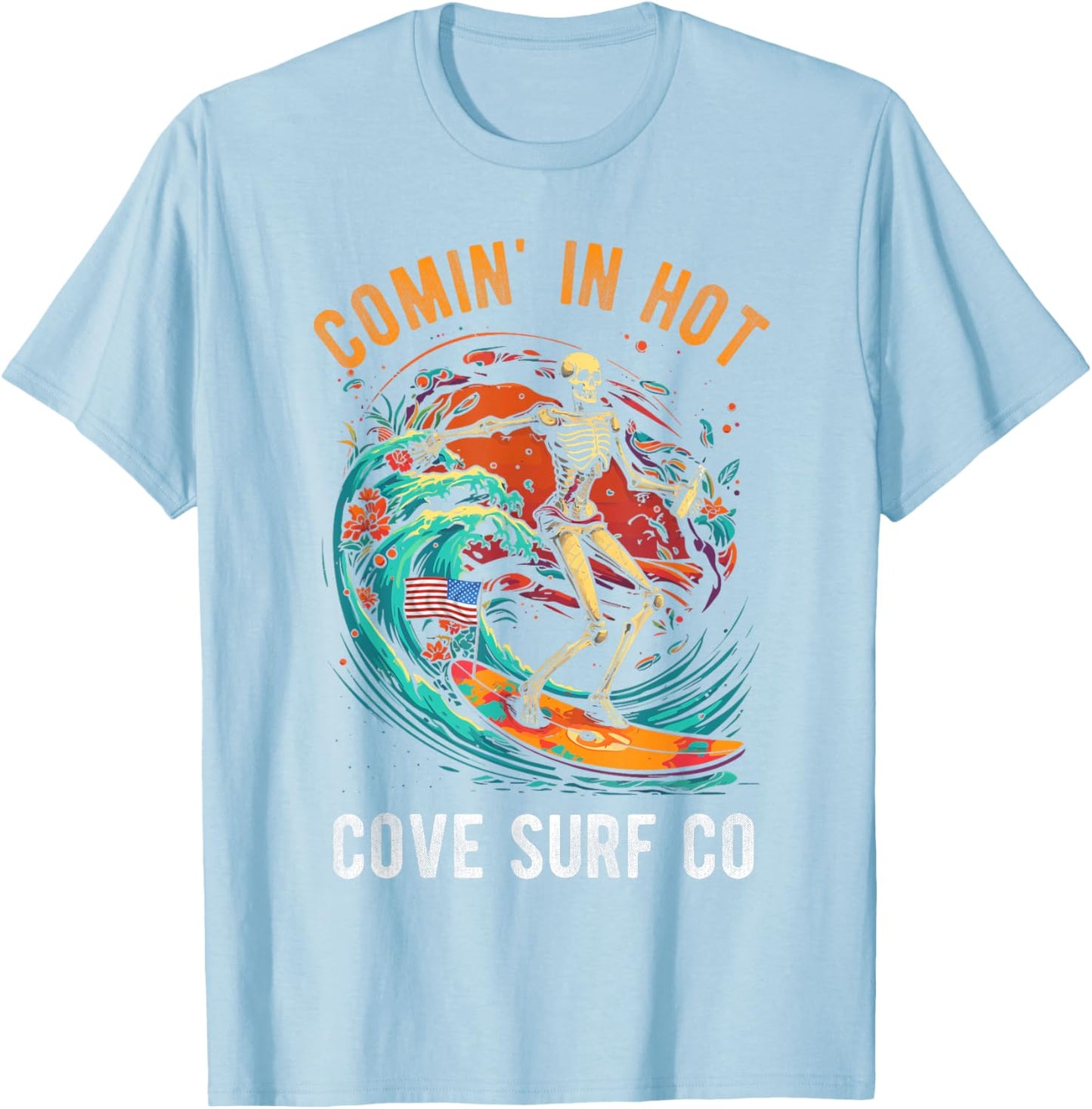 COMIN' IN HOT COVE Surf CO Skeleton Surf T-Shirt - T-Shirt | Light Blue