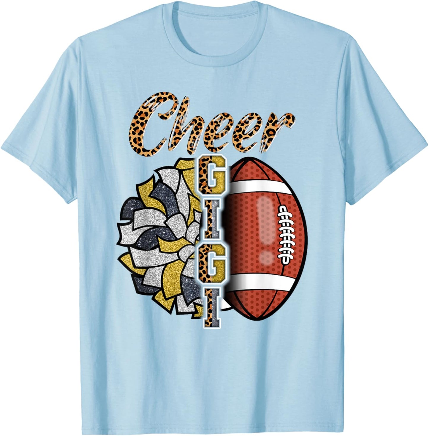 Football Cheer Gigi Grandma Gold Black Pom Pom Leopard T-Shirt - T-Shirt | Light Blue