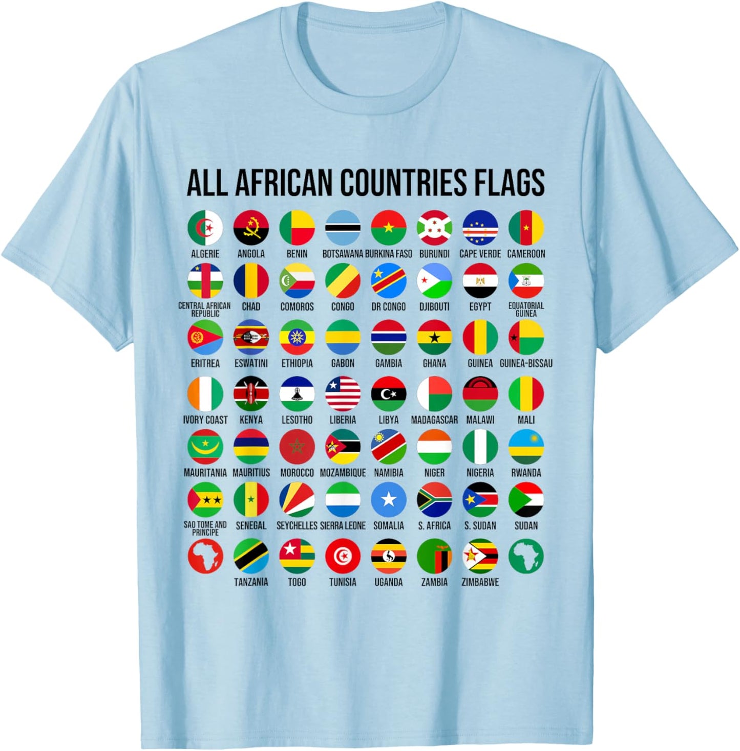 Flags of the Countries of Africa 54 Flag African Geography T-Shirt - T-Shirt | Light Blue