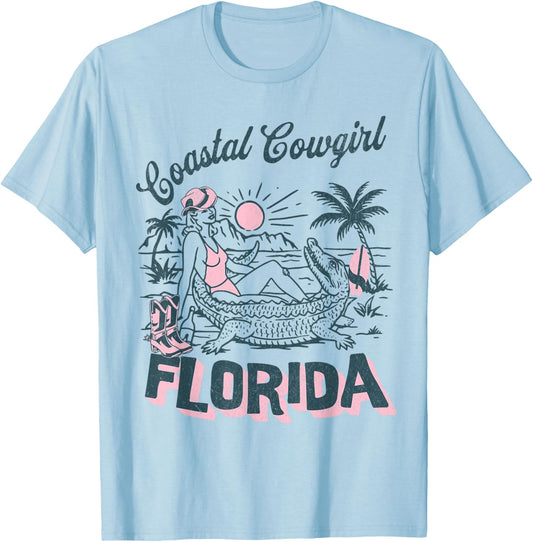 Coastal Cowgirl Beach Palm Surf Club Florida T-Shirt - T-Shirt | Light Blue