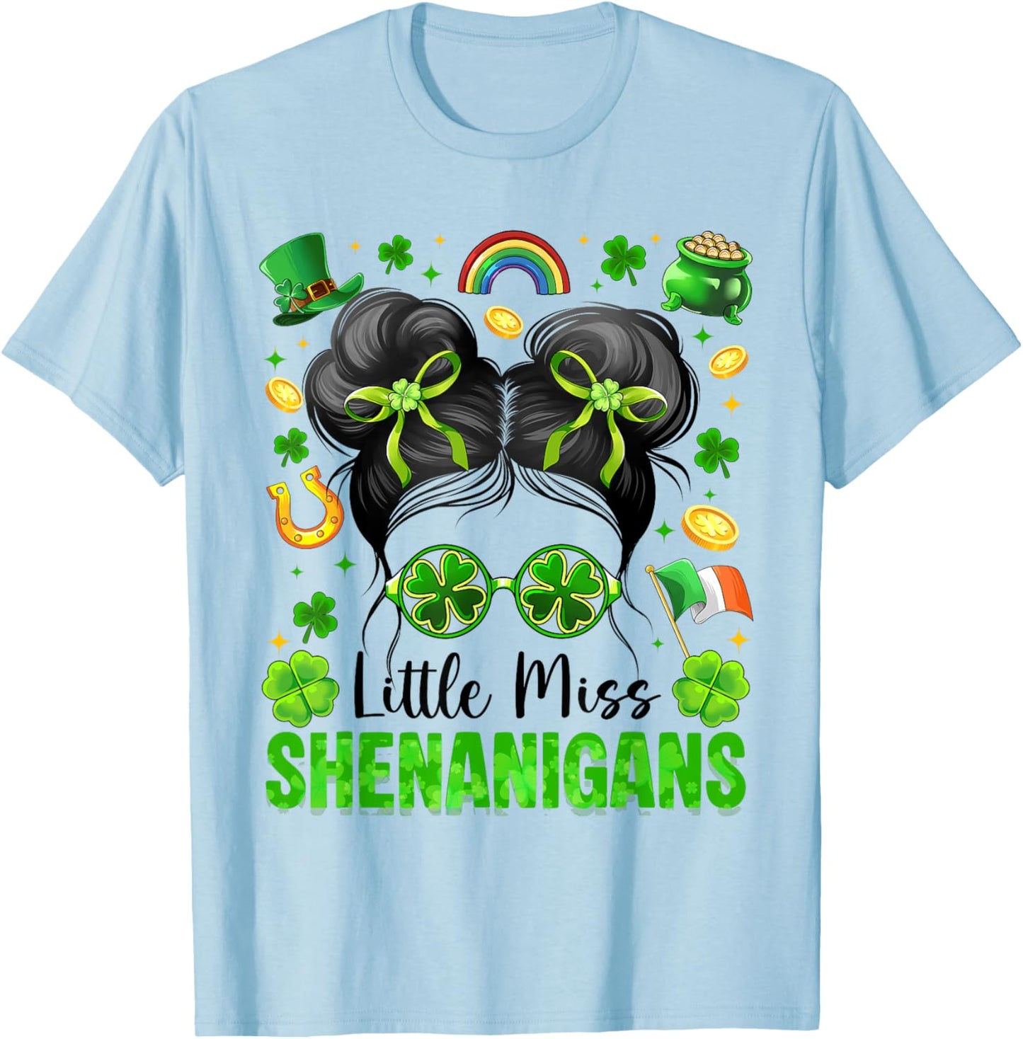 Miss Shenanigans Messy Bun Shamrock St Patrick Day Girl Kids T-Shirt - T-Shirt | Light Blue