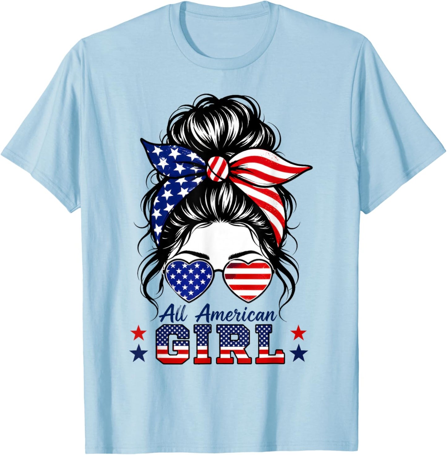 4th of July Shirts All American Girl Messy Bun American Flag T-Shirt - T-Shirt | Light Blue