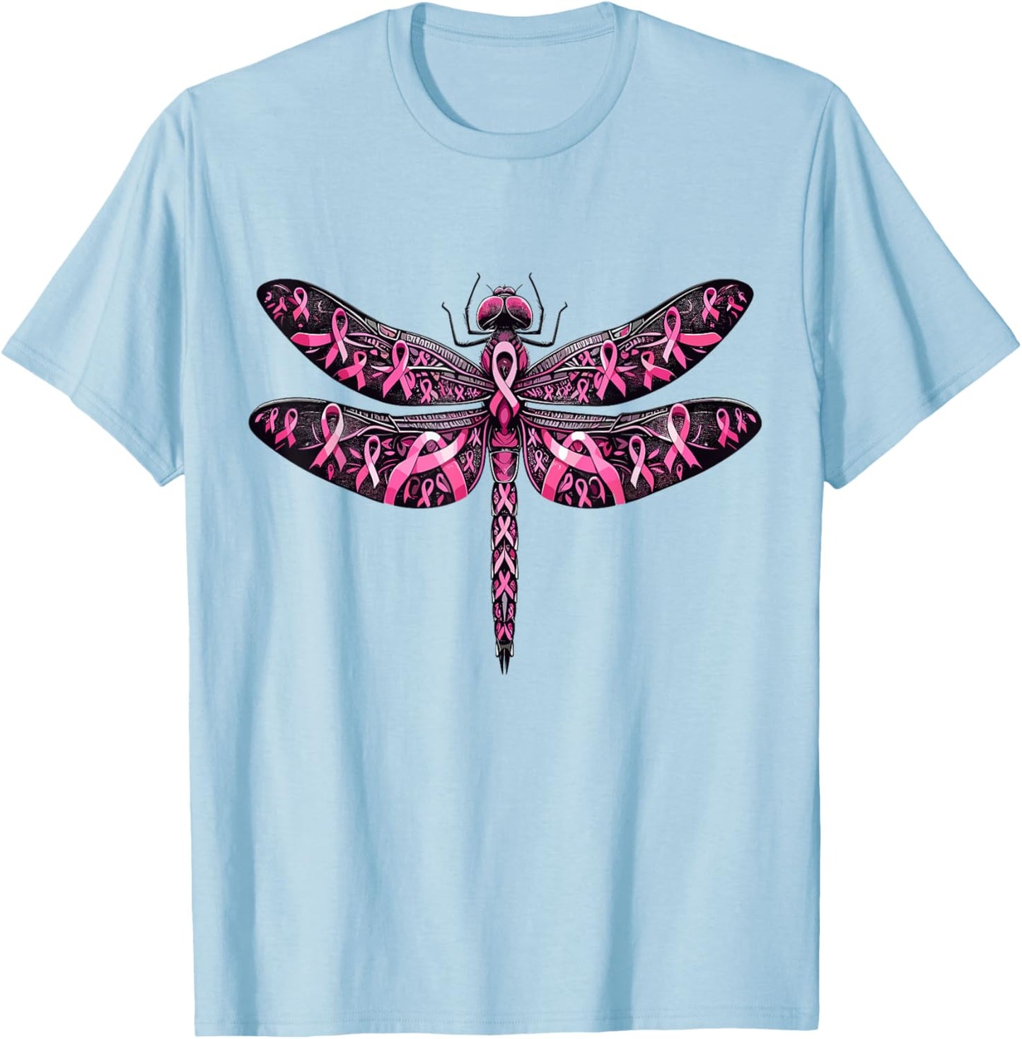 Dragonfly Pink Ribbon Breast Cancer Awareness Support T-Shirt - T-Shirt | Light Blue