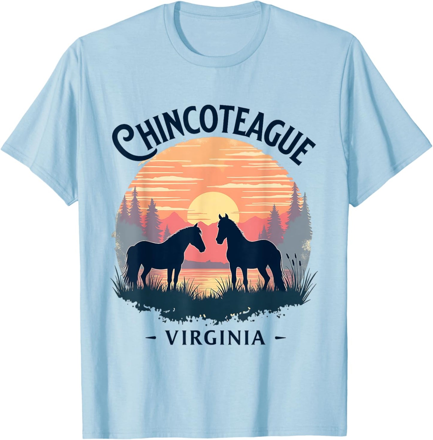 Chincoteague Virginia Scenic Sunset Horse Design T-Shirt - T-Shirt | Light Blue