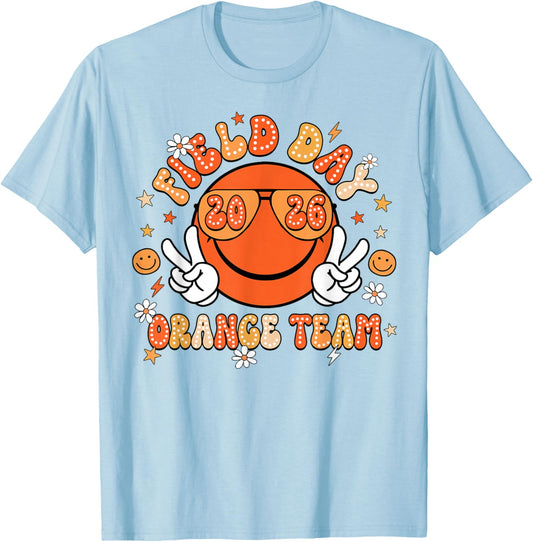 Field Day Orange Team 2026 Smile Face Sunglasses Kid Teacher T-Shirt - T-Shirt | Light Blue