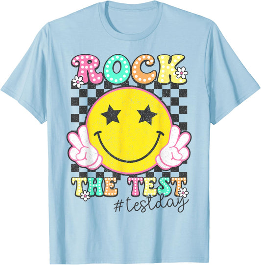Rock The Test Testing Day Retro Motivational Teacher Student T-Shirt - T-Shirt | Light Blue