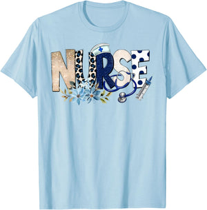 Nurse Life Floral Flowers T-Shirt - T-Shirt | Light Blue