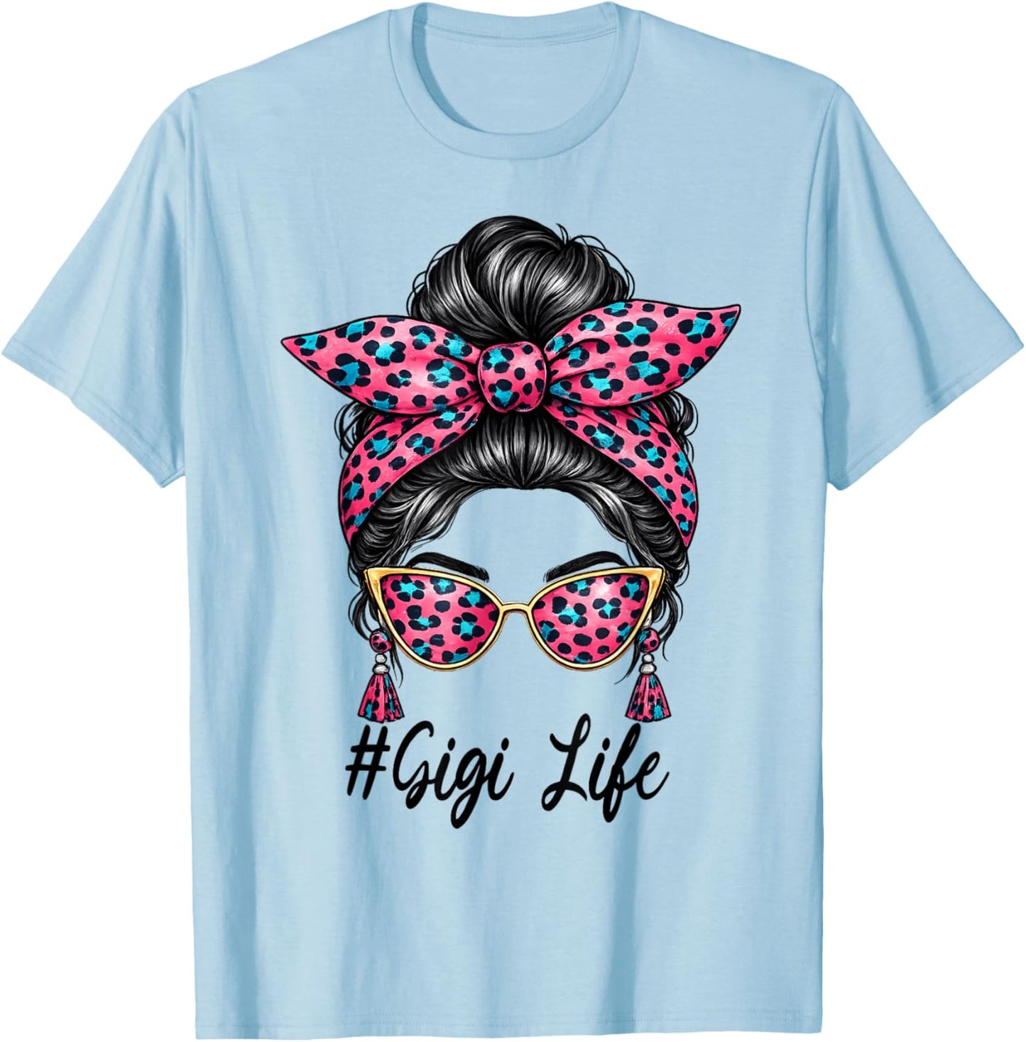 Gigi Life Mother's Day Leopard Messy Bun Mom Women Grandma T-Shirt - T-Shirt | Light Blue