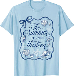 Summer I Turned Thirteen 13th Birthday Seashell Coastal Bow T-Shirt - T-Shirt | Light Blue