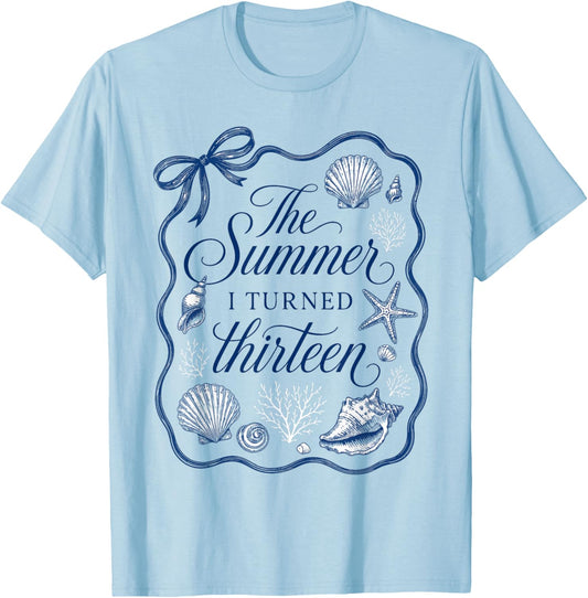 Summer I Turned Thirteen 13th Birthday Seashell Coastal Bow T-Shirt - T-Shirt | Light Blue